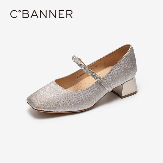 千百度一字带玛丽珍鞋女粗跟浅口高跟鞋休闲晚晚单鞋A25436821 商品图1