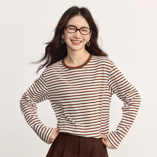 【09/10新品】熙世界航海系经典条纹T恤女长袖2025秋季新款宽松慵懒风圆领上衣 商品图4