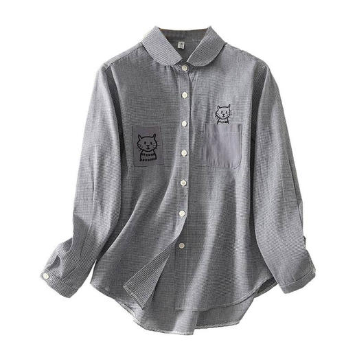 GYH 6210休闲千鸟格长袖宽松休闲大码小猫刺绣格子衬衫 商品图4