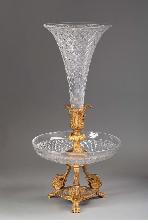 独角鹿西洋古董法国出品松果卷叶主题铜鎏金精雕装饰马蹄莲造型菱格纹水晶古董花瓶摆件 商品图1