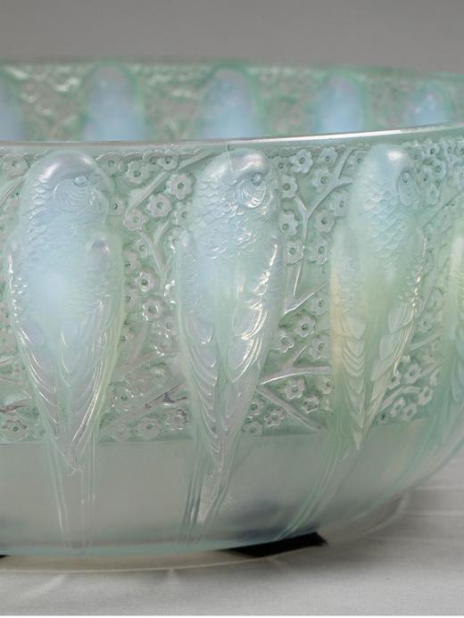 独角鹿西洋古董法国顶级水晶工坊莱俪LALIQUE设计出品「Perruches 鹦鹉」主题蓝绿色欧泊水晶碗古董摆件 商品图3