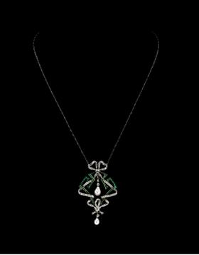 独角鹿西洋古董法国出品美好时代风格蝴蝶结缎带造型铂金镶嵌祖母绿钻石及天然海水珍珠项链古董珠宝