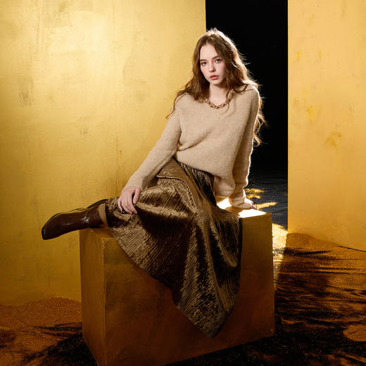 三彩2025冬季新款高腰百褶裙半身裙宽松大摆垂感长裙复古简约M 商品图1