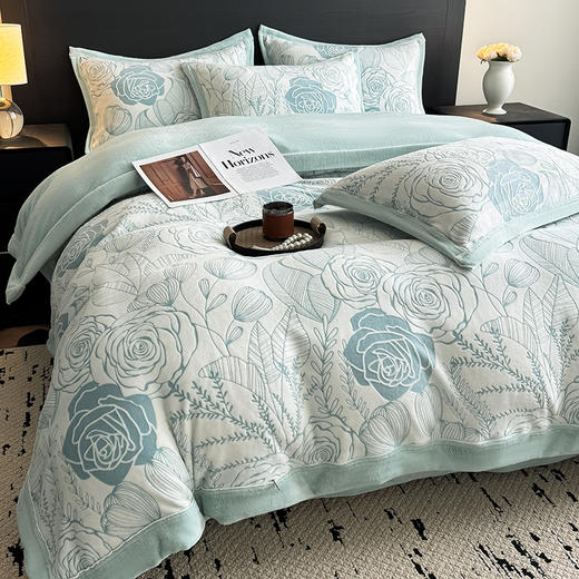 自然醒A类5D立体浮雕宽边牛奶绒四件套高档法兰珊瑚绒床单被套秋冬季轻奢床品QJ 商品图1