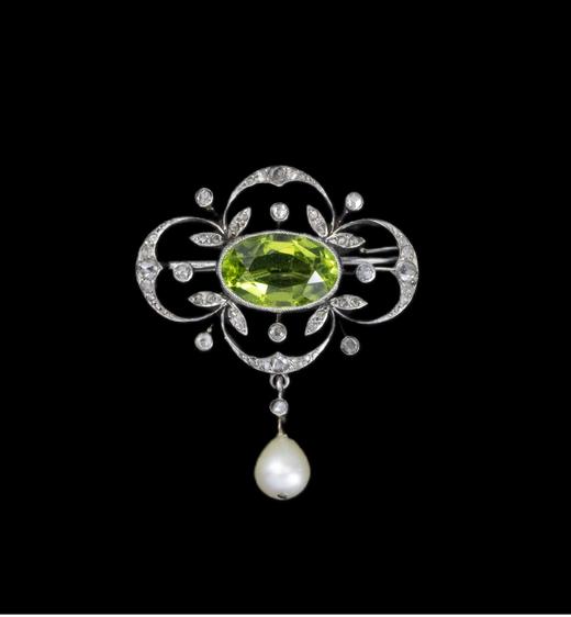 独角鹿西洋古董法国出品美好时代风格自然花叶造型铂金镶嵌橄榄石钻石及天然海水珍珠胸针古董珠宝 商品图0