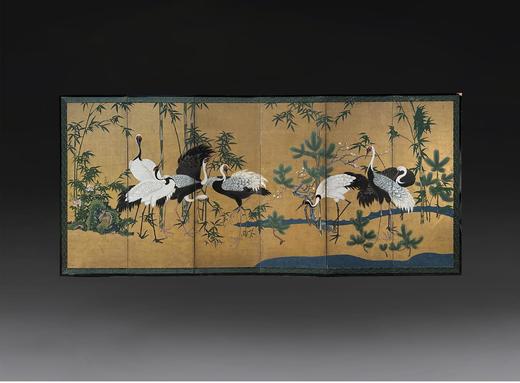 独角鹿西洋古董18世纪日本江户时期出品狩野派风格「水畔群鹤」 主题金地纸本设色六曲屏风 商品图0