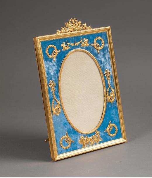 独角鹿西洋古董法国出品路易十六风格飞鸟缎带主题铜鎏金精雕装饰天蓝色天鹅绒方形古董相框 商品图2