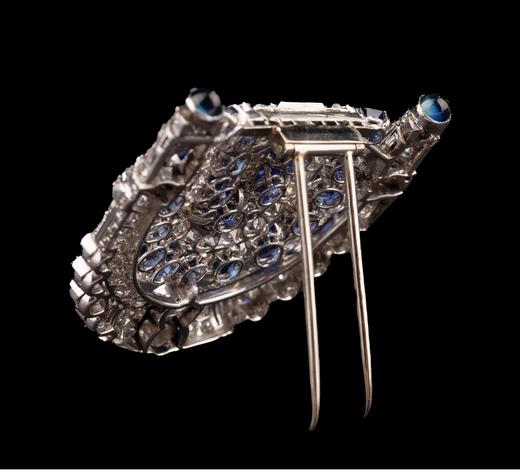 独角鹿西洋古董法国出品装饰艺术风格铂金镶嵌蓝宝石及钻石古董胸针 商品图5