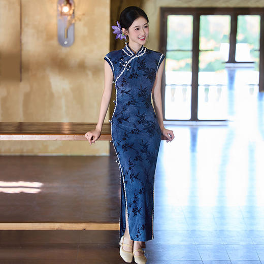 SC21751蓝色无袖国风中式长款旗袍改良年轻款2025新款女复古修身弹力收腰 商品图0