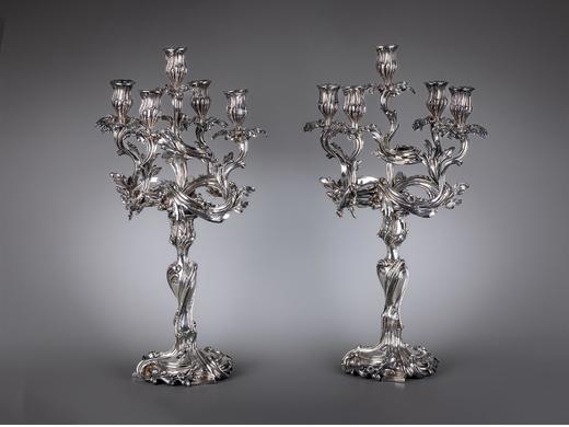 独角鹿西洋古董法国出品Cailar Bayard签名洛可可风格铜镀银精雕五枝头古董烛台艺术摆件一对 商品图1