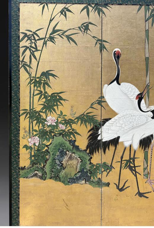 独角鹿西洋古董18世纪日本江户时期出品狩野派风格「水畔群鹤」 主题金地纸本设色六曲屏风 商品图1