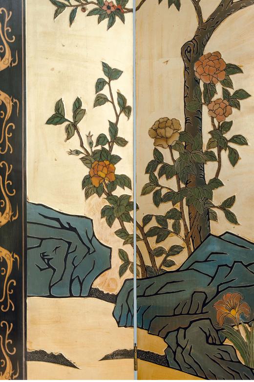 【已售】独角鹿西洋古董20世纪中期中国出品「富贵花鸟」主题金地款彩雕漆双面四曲隔断装饰屏风 商品图2