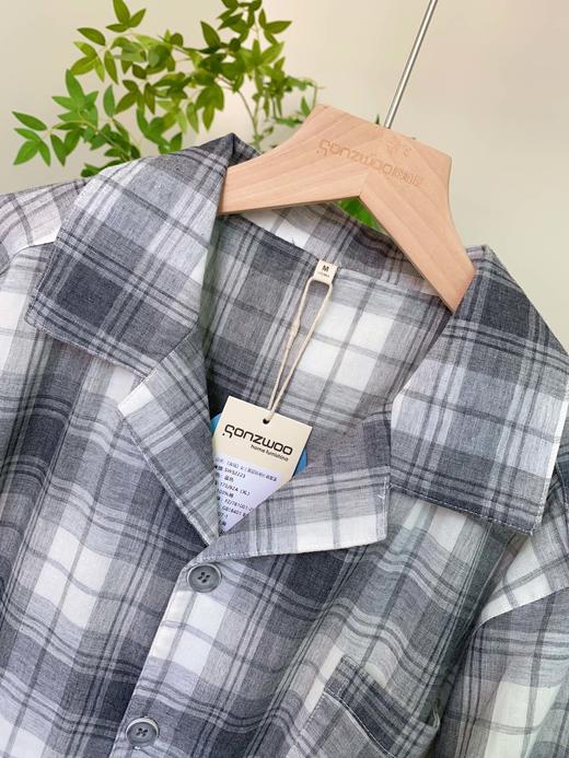 松植屋男款灰白格短袖长裤睡衣套装 男士翻领短袖双层纱家居服 商品图1