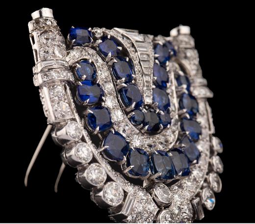 独角鹿西洋古董法国出品装饰艺术风格铂金镶嵌蓝宝石及钻石古董胸针 商品图4