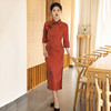 SC17345橘红国风中式长款改良旗袍新款年轻款女复古修身中长袖气质春秋装 商品缩略图2