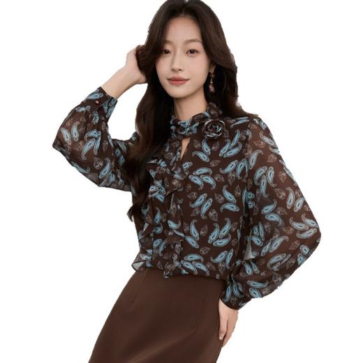 「自」全新升级【铂金会员165/天猫219/差价54】(52300)洛诗琳新款复古印花上衣2025秋季新款气质碎花雪纺衬衫女 商品图4