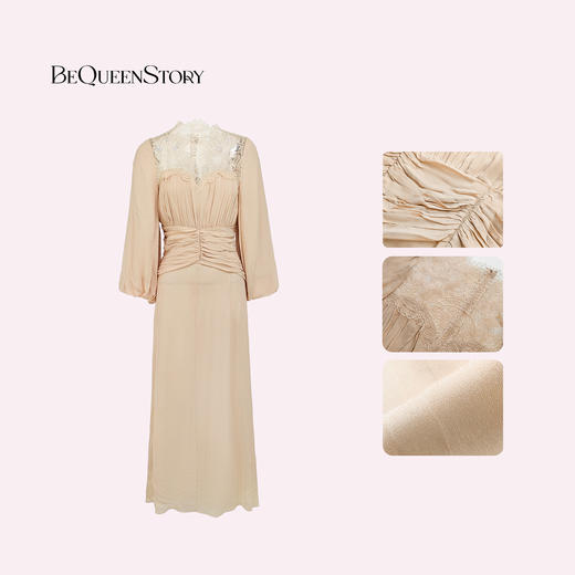 余潇潇【爱琴海暖阳】乔其纱气质优雅褶皱收腰修身拼接蕾丝连衣裙 商品图3