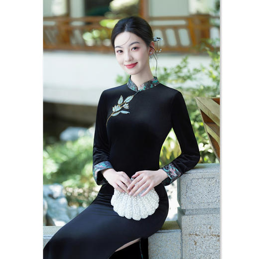 SKY 282225时尚拼接丝绒复古国风改良新中式日常可穿旗袍 商品图2