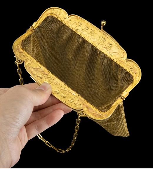 独角鹿西洋古董法国出品自然花叶纹精雕装饰18K黄金网状编织晚宴包 商品图4