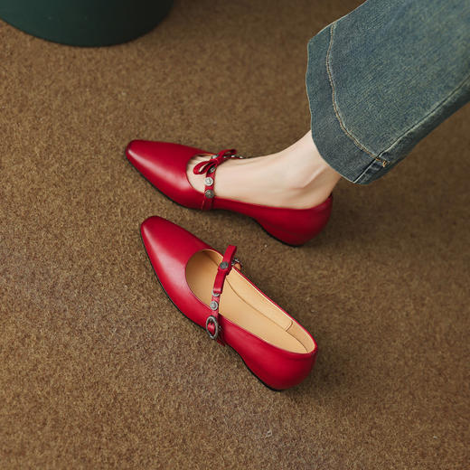 【预售5天】法式复古真皮低跟小皮鞋女新款尖头浅口单鞋一字带玛丽珍鞋HYT&MS-7439 商品图3