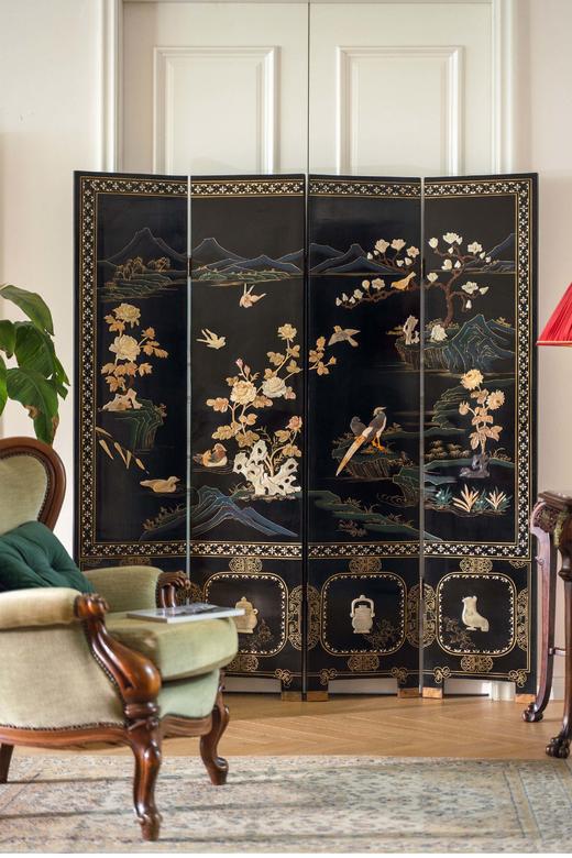 【已售】独角鹿西洋古董20世纪中国创汇时期出品「玉堂春暖」主题硬石镶嵌黑漆描金屏风 商品图0