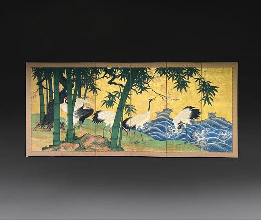 独角鹿西洋古董18世纪日本江户时期出品狩野派风格「竹岸群鹤」主题金地纸本设色六曲古董屏风 商品图0