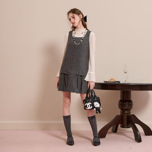 【绵羊毛】三彩2025冬季新款方领蝴蝶结毛呢连衣裙无袖背心裙M 商品图1