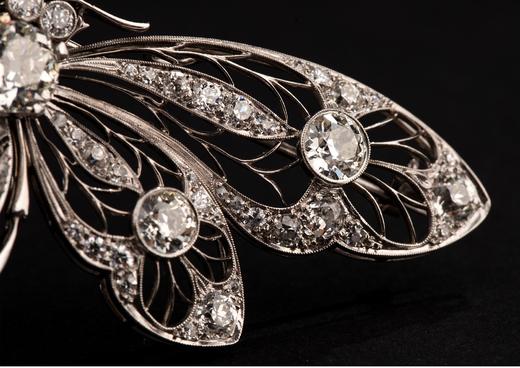 独角鹿西洋古董欧洲出品新艺术风格蝴蝶造型铂金镂雕镶嵌钻石古董胸针 商品图3