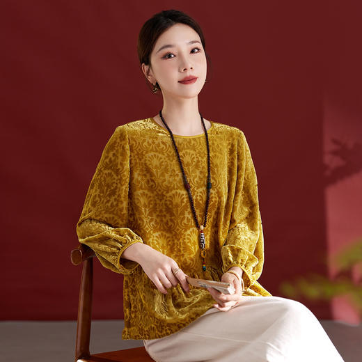 减龄款国风拼接印花，长袖圆领真丝丝绒上衣T恤SM-12501307 商品图3