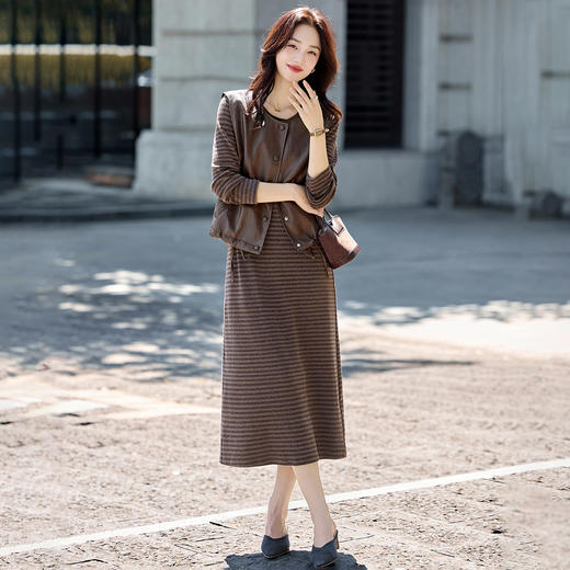 休闲百搭皮马甲条纹裙，套装两件套长袖连衣裙HR-YF2622 商品图0