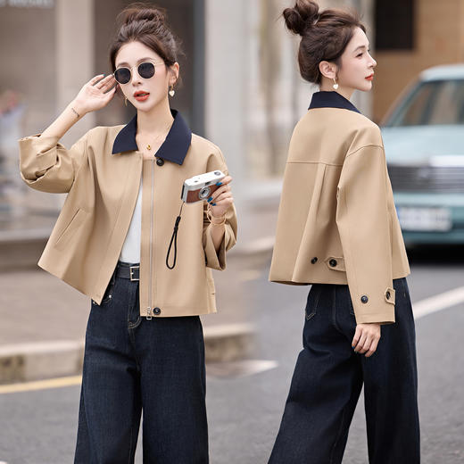 HR ZYF8879韩系轻奢风衣英伦风拼接条纹长袖中长款外套 商品图0