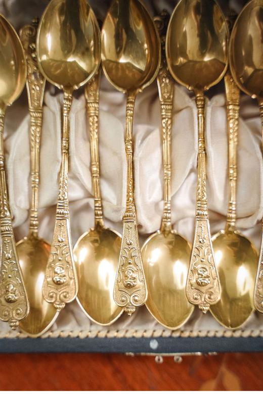 独角鹿西洋古董德国出品洛可可风格涡卷藤蔓纹黄铜镀金精雕摩卡勺餐具套件 商品图5