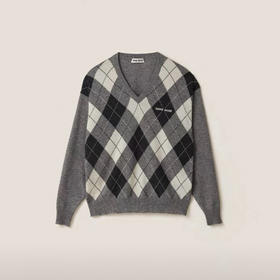 MIU-S V领菱格纹羊绒衫.