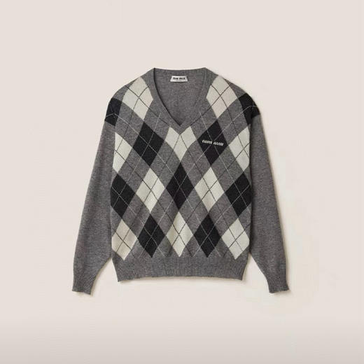 MIU-S V领菱格纹羊绒衫. 商品图0