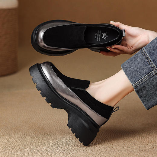 【预售5天】超轻厚底小皮鞋女真皮松糕乐福鞋新款秋季拼色高跟气质深口单鞋HHY&S1172 商品图0