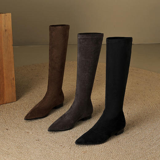 【预售7天】时尚气质尖头粗跟长筒靴女弹力瘦瘦靴绒面显瘦高筒长靴子HB&8889-1 商品图5