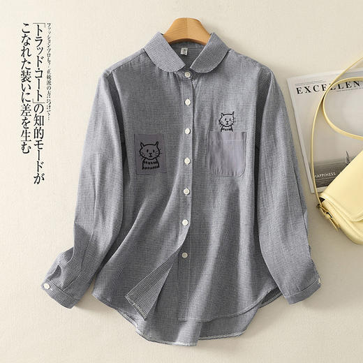 GYH 6210休闲千鸟格长袖宽松休闲大码小猫刺绣格子衬衫 商品图1