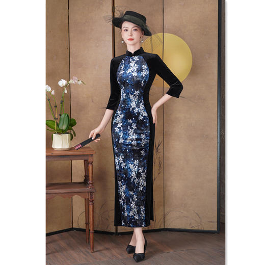 SKY 23016时尚拼接长款丝绒七分袖旗袍 商品图3