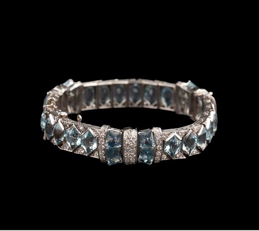 独角鹿西洋古董美国著名珠宝品牌Oscar Heyman出品装饰艺术风格铂金镶嵌海蓝宝石及钻石古董手镯 商品图2