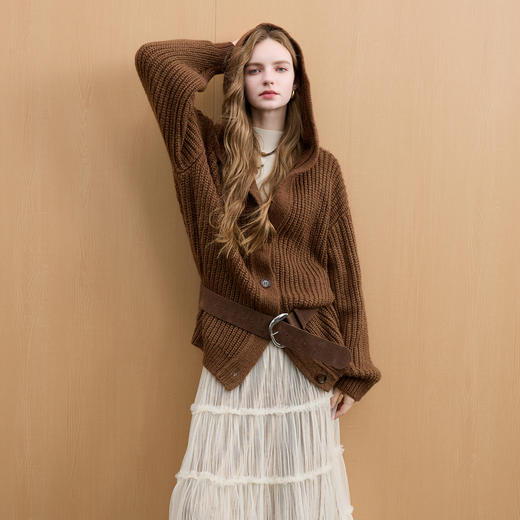 三彩2025冬季新款休闲宽松中长慵懒连帽针织衫长袖开衫简约M 商品图2