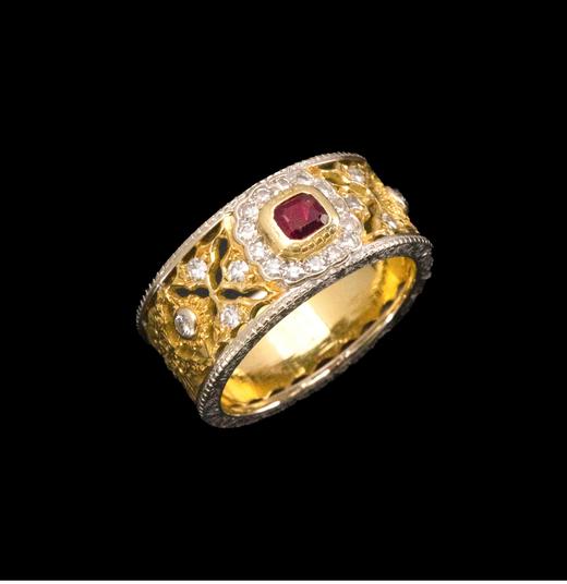 独角鹿西洋古董意大利顶级珠宝工坊布契拉提出品18K黄金及白金镂雕镶嵌钻石及红宝石戒指 商品图0