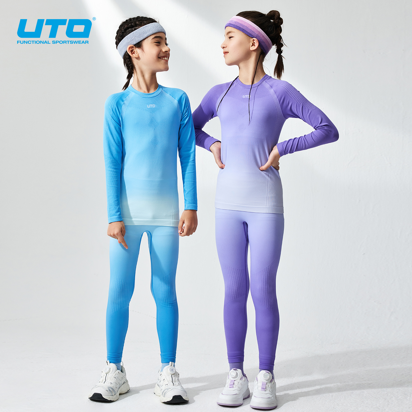 UTO/悠途户外运动渐变款儿童保暖套装秋冬季紧身圆领弹力速干长袖