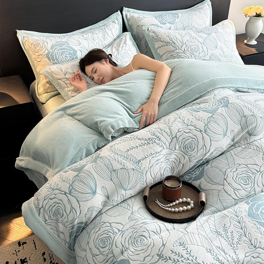 自然醒A类5D立体浮雕宽边牛奶绒四件套高档法兰珊瑚绒床单被套秋冬季轻奢床品QJ 商品图6