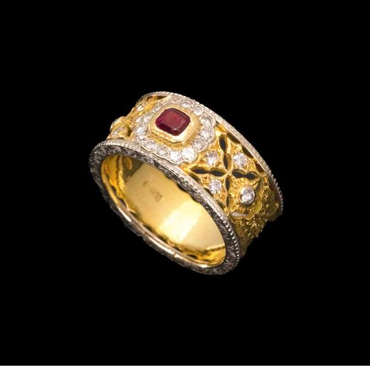 独角鹿西洋古董意大利顶级珠宝工坊布契拉提出品18K黄金及白金镂雕镶嵌钻石及红宝石戒指 商品图3