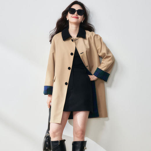 25秋新款复古撞色miu系格纹双面穿卡其色中长款减龄风衣外套25072 商品图0