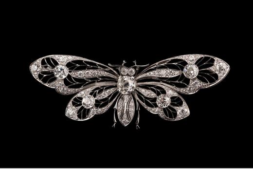 独角鹿西洋古董欧洲出品新艺术风格蝴蝶造型铂金镂雕镶嵌钻石古董胸针 商品图2