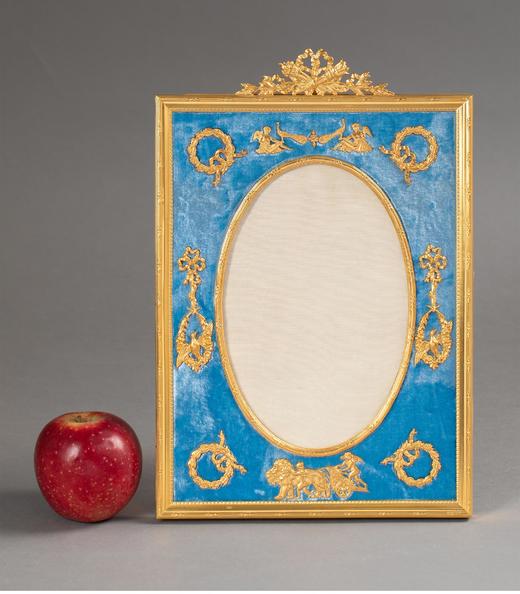 独角鹿西洋古董法国出品路易十六风格飞鸟缎带主题铜鎏金精雕装饰天蓝色天鹅绒方形古董相框 商品图1