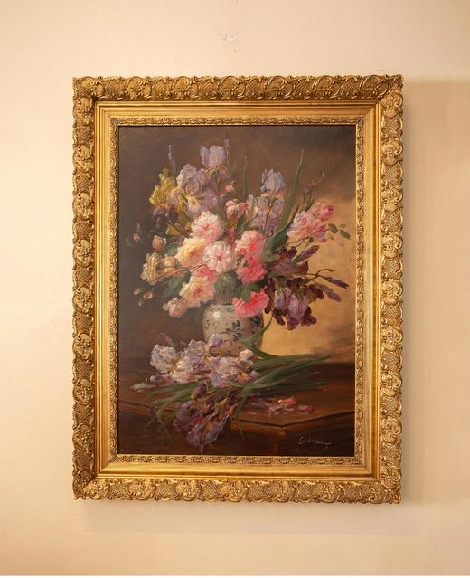 独角鹿西洋古董法国画家Emile Godchaux签名创作花卉静物主题布面古董油画 商品图1