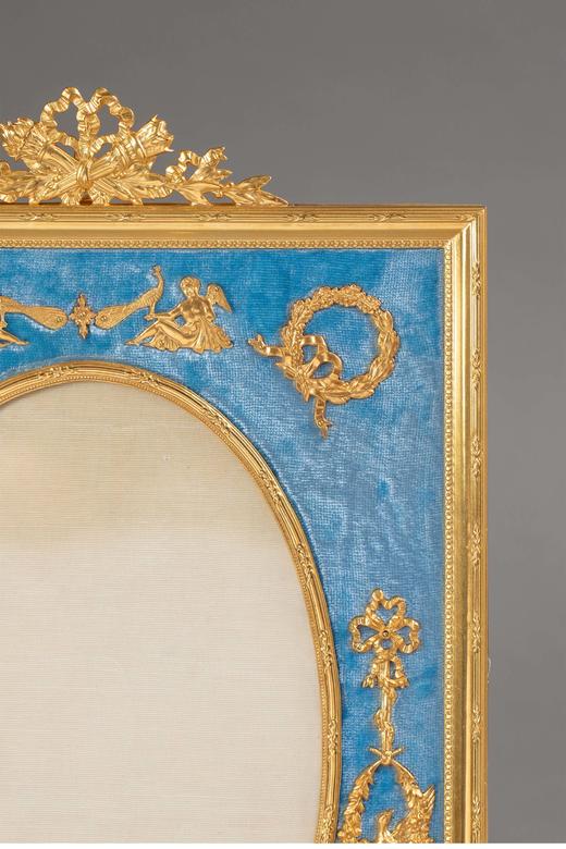 独角鹿西洋古董法国出品路易十六风格飞鸟缎带主题铜鎏金精雕装饰天蓝色天鹅绒方形古董相框 商品图3