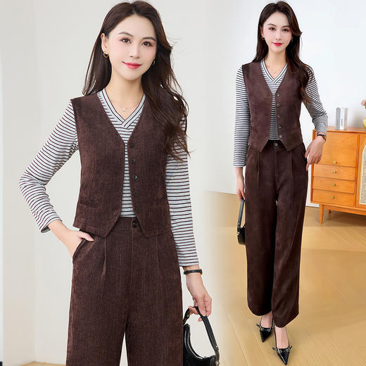 QYMXYKL-26803-Y时尚套装女春秋季2025年新款马甲+长袖条纹衫+直筒长裤三件套 商品图3